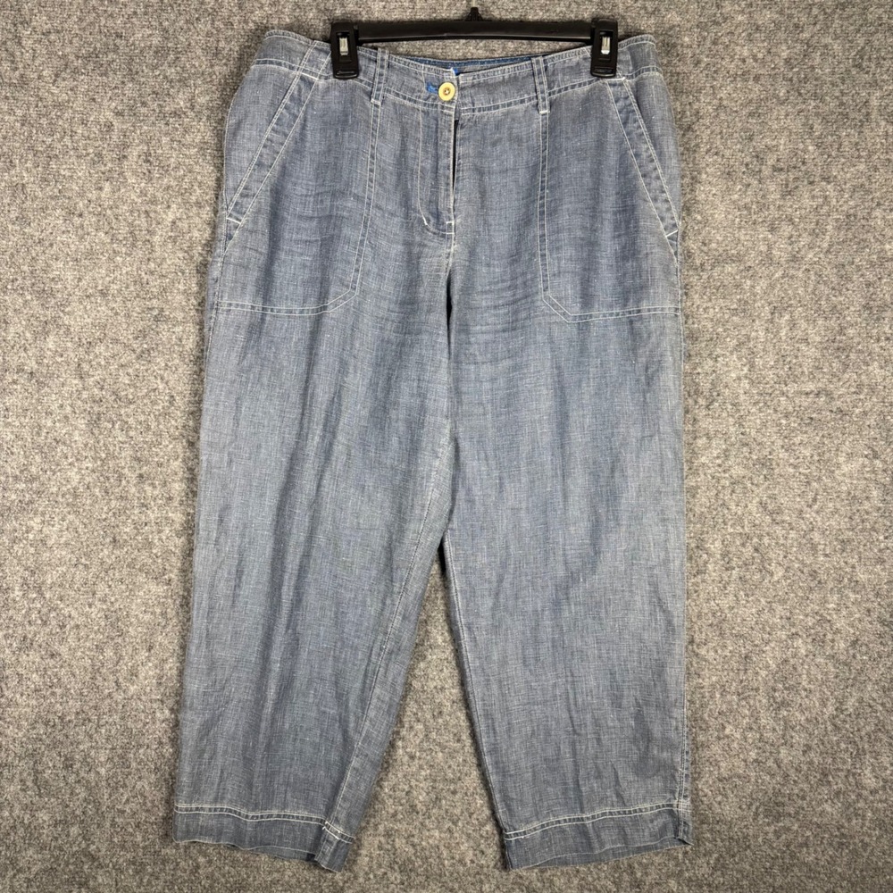 Tommy Bahama Linen Crop Pants Women's 10 Blue Wide Leg Casual Summer